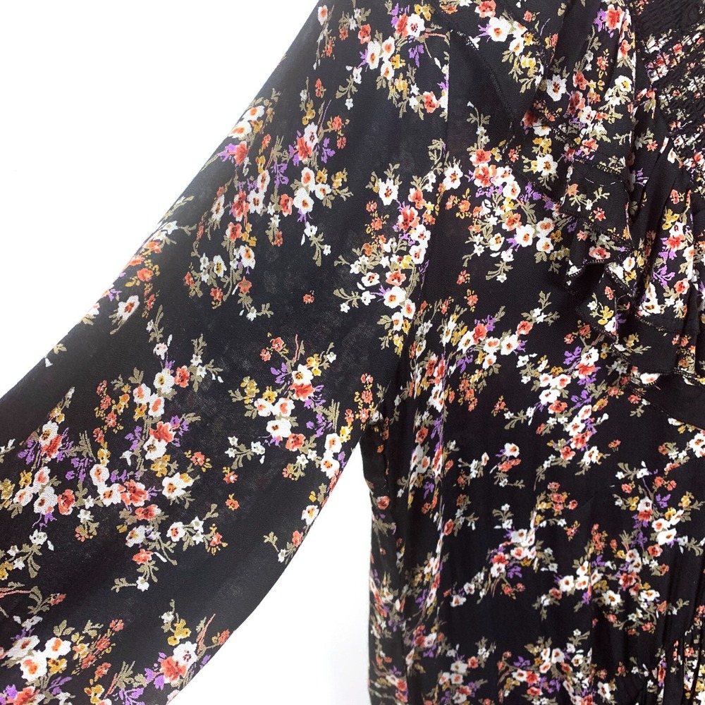 Sonmer‎ Lola Dress Sz XL Black Floral Ankle Length Ruffled Midi Asymetric V Neck - Picture 8 of 16